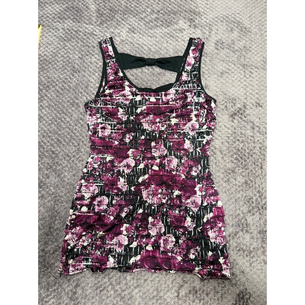 Studio Y Y2K Purple Floral Tiered Ruffle Bow-Back Tank Top Small Women's
